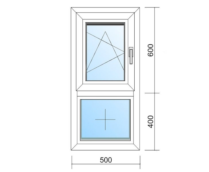Schaubild Fenster mit Unterlicht und Flüghel mit Maßangabe 50x100 cm