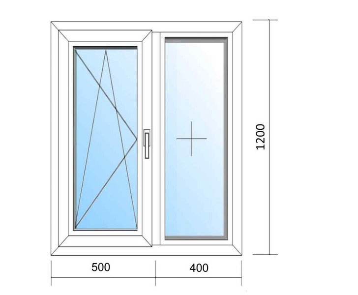 Schaubild Fenster mit Flügel links und Festverglasung rechts mit 90x120 cm