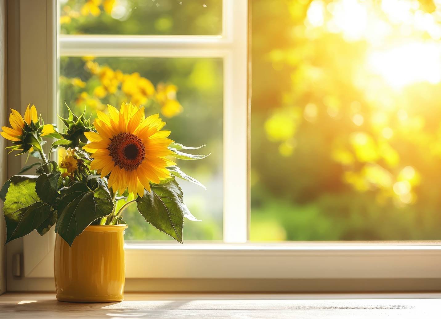 Fenster im Spätsommen mit Sonnenblume