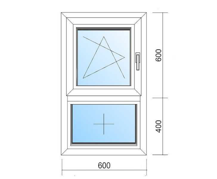 Schaubild Fenster mit Unterlicht und Flüghel mit Maßangabe 60x100 cm