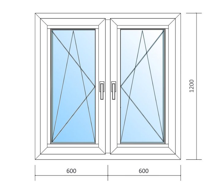 Schaubild Fenster mit zwei Flügeln Dreh-Kipp und den Maßen 120x120 cm
