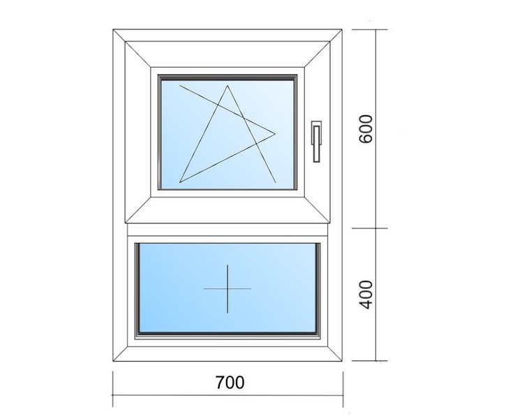Schaubild Fenster mit Unterlicht und Flüghel mit Maßangabe 70x100 cm
