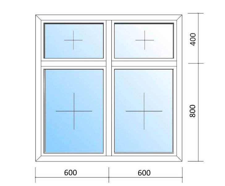 Schaubild Fenster vier Festverglasungen und den Maßen 120x120cm