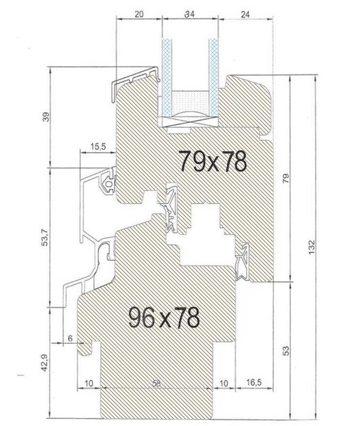 Profilschnitt eines Holzfensters mit Bemaßung und 78mm Bautiefe