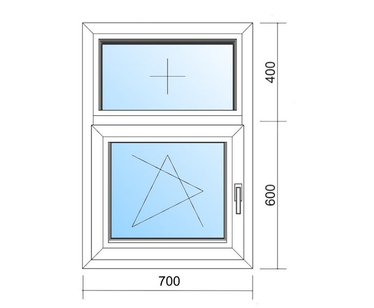 Schaubild Fenster mit Oberlicht und Flüghel mit Maßangabe 70x100 cm