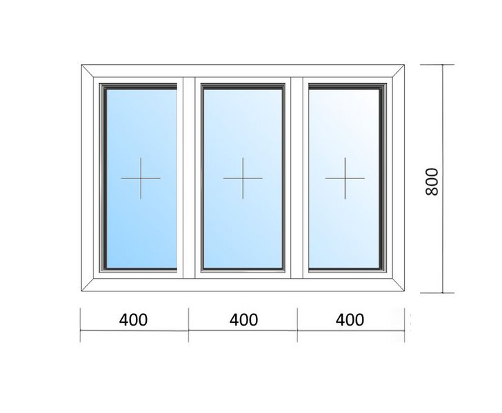 Schaubild Fenster mit drei Festverglasungen und den Maßen 1200x800
