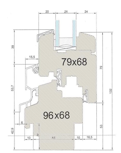 Profilschnitt eines Holzfensters mit Bemaßung und 68 mm Bautiefe