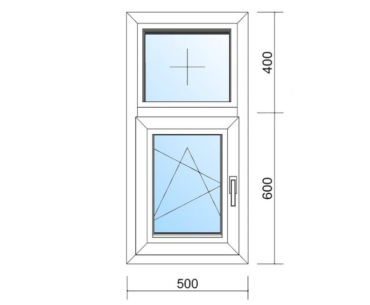 Schaubild Fenster mit Oberlicht und Flüghel mit Maßangabe 50x100 cm