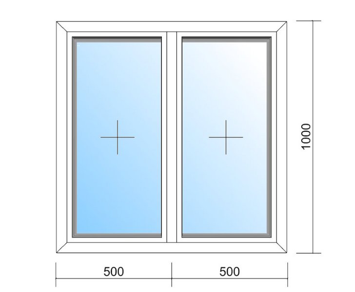 Schaubild Fenster mit Mittelpfosten und den Maßen 100x100 cm
